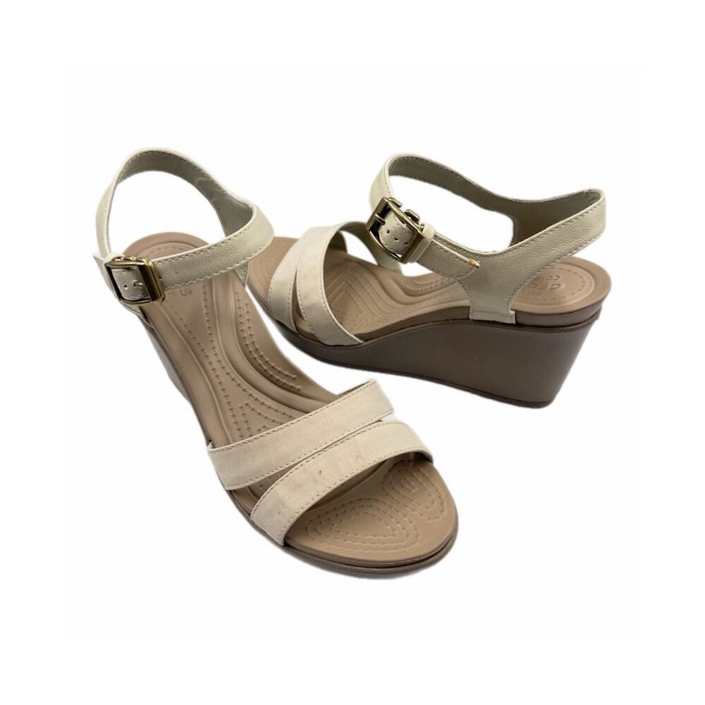 Crocs Leigh II Ankle Strap Cream Beige Neutral Lightweight Comfort Wedge Sandals - Picture 1 of 11